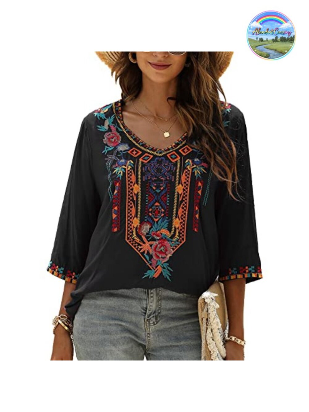 Bohemian Embroidered Rayon Tunic Top 3/4 Sleeve V-Neck Peasant Blouse